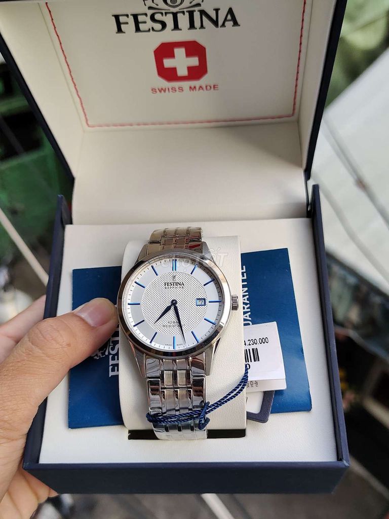 Festina swiss trắng kim xanh full box mới 99%