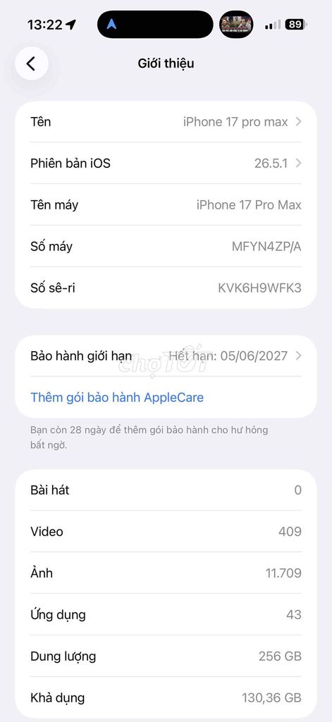 Apple iPhone 17 Pro Max 256GB Cam. Mua bán Điện thoại tại Huyện Gia Lâm Hà Nội được đăng bởi Lãnh Phong hình 1