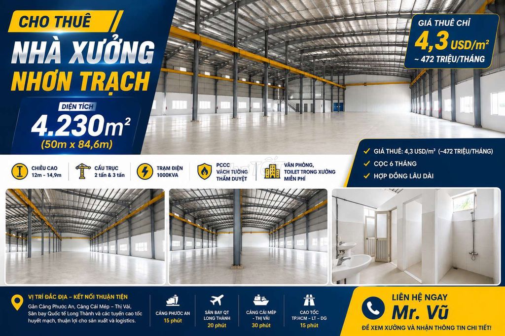 Cho thuê nhà xưởng taik KCN Nhơn Trạch Đồng Nai 4230m² giá 4,3 đô/m² 
