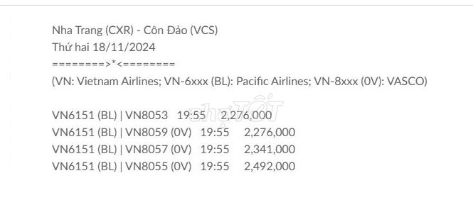 Nha Trang (CXR) - Côn Đảo (VCS) Thứ hai 18/11/2024