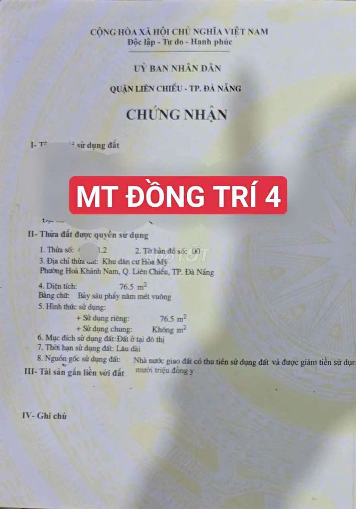 ĐẤT MT Đồng Trí 4, sau Rio Cinema, gần ĐH Sư Phạm,Liên Chiểu, Đà Nẵng