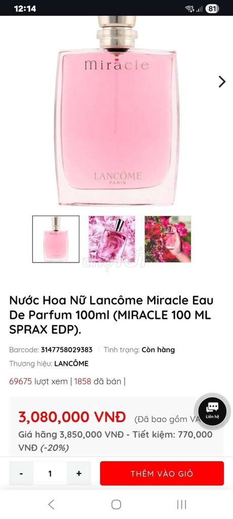 Nước hoa Lancôme Miracle Nữ 100ml. Mua bán Nước hoa tại Thành phố Nha Trang Khánh Hòa được đăng bởi Đồ Secondhand hình 1
