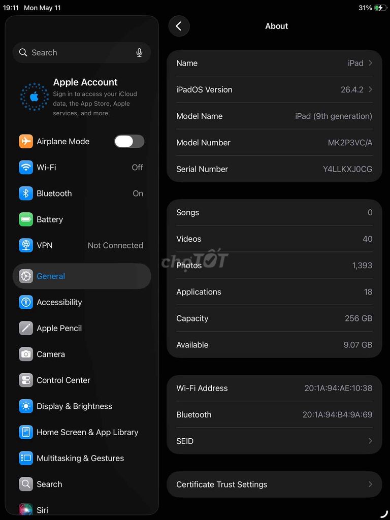 Apple iPad (thế hệ thứ 9) 256GB. Mua bán Máy tính bảng tại Thành phố Thủ Đức Tp Hồ Chí Minh được đăng bởi My hình 1