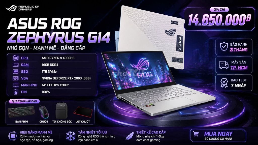 ASUS ROG ZEPHYRUS G14 Ryzen 9 14 inch 16GB/1TB RTX 2060. Mua bán Laptop tại Quận 1 Tp Hồ Chí Minh được đăng bởi Hội Đồ Điện Tử hình 1