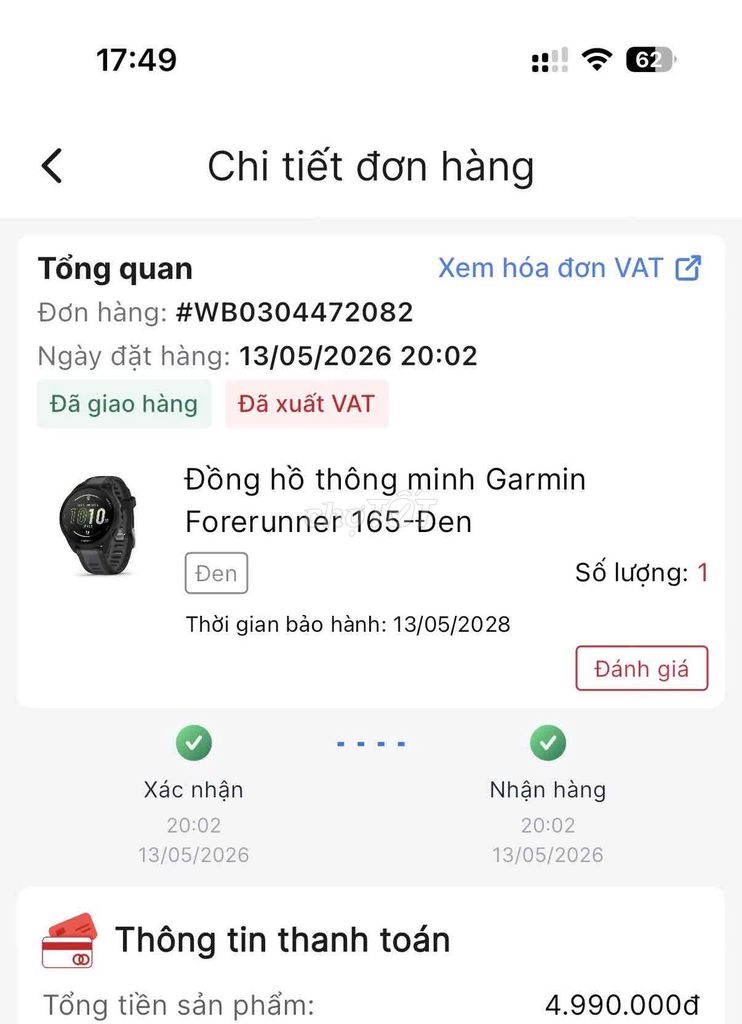 Garmin Forerunner 165 Đen (Lướt). Mua bán Thiết bị đeo thông minh tại Quận Thanh Khê Đà Nẵng được đăng bởi Chắc Ai Đó Sẽ Cần hình 1