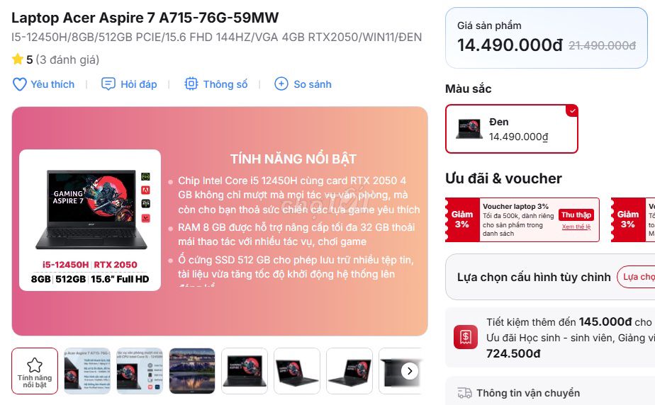 ACER Aspire 7 (i5-12450H, RTX 2050) RAM 16GB/512GB. Mua bán Laptop tại Quận Liên Chiểu Đà Nẵng được đăng bởi Đồng Shan hình 1