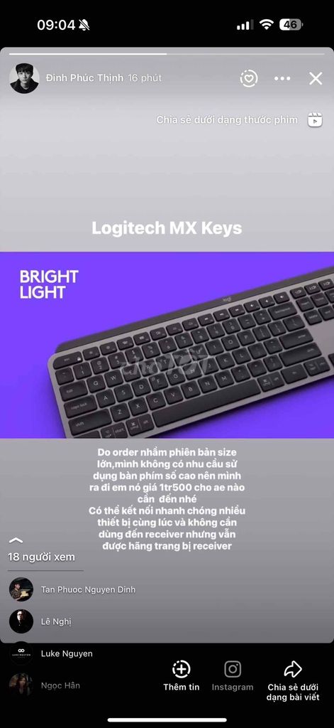 Bàn phím logitech MX keys. Mua bán Phụ kiện (Màn hình, Chuột...) tại Quận Bình Thạnh Tp Hồ Chí Minh được đăng bởi Thịnh Đinh Phúc hình 1