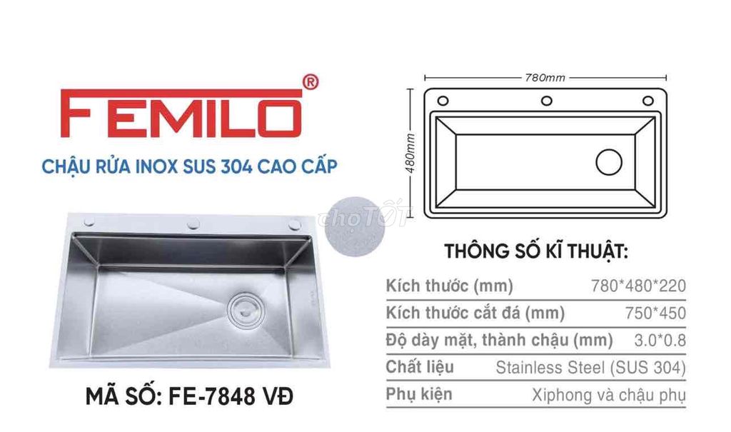 Chậu rửa bát FEMILO FE-7848 VĐ Inox SUS 304. Mua bán Thiết bị vệ sinh, nhà tắm tại Quận Thanh Khê Đà Nẵng được đăng bởi Nội Thất Gia Bảo ĐBP hình 1