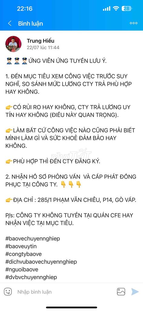 BẢO VỆ CA NGÀY LÀM TẠI HÓC MÔN