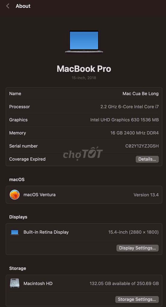 Apple MacBook Pro i7 15 inch 16GB/250GB 2018 Xám. Mua bán Laptop tại Quận 7 Tp Hồ Chí Minh được đăng bởi Trần Long hình 1
