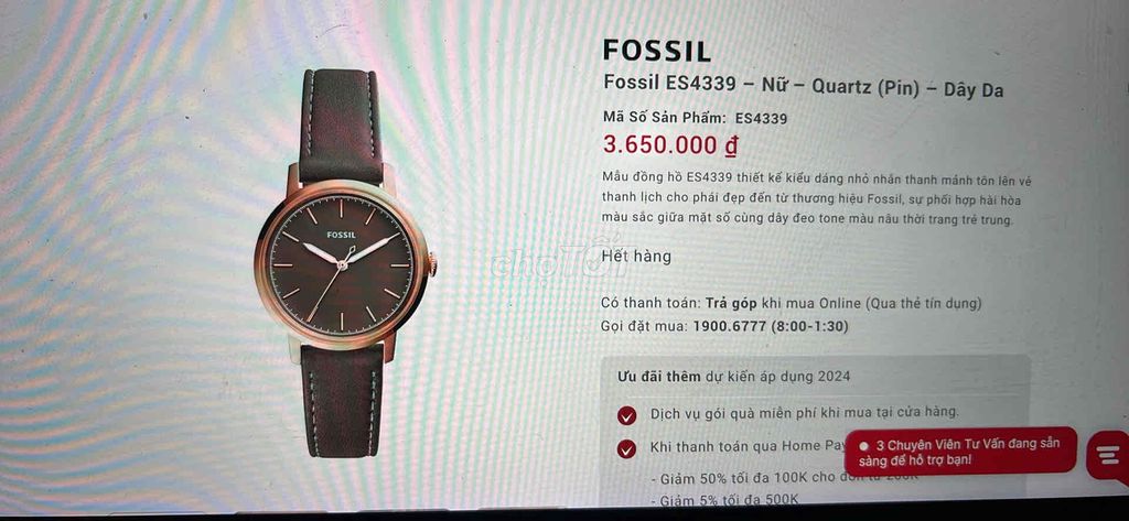 Đồng hồ Fossil ES4339 - 34mm - Xám