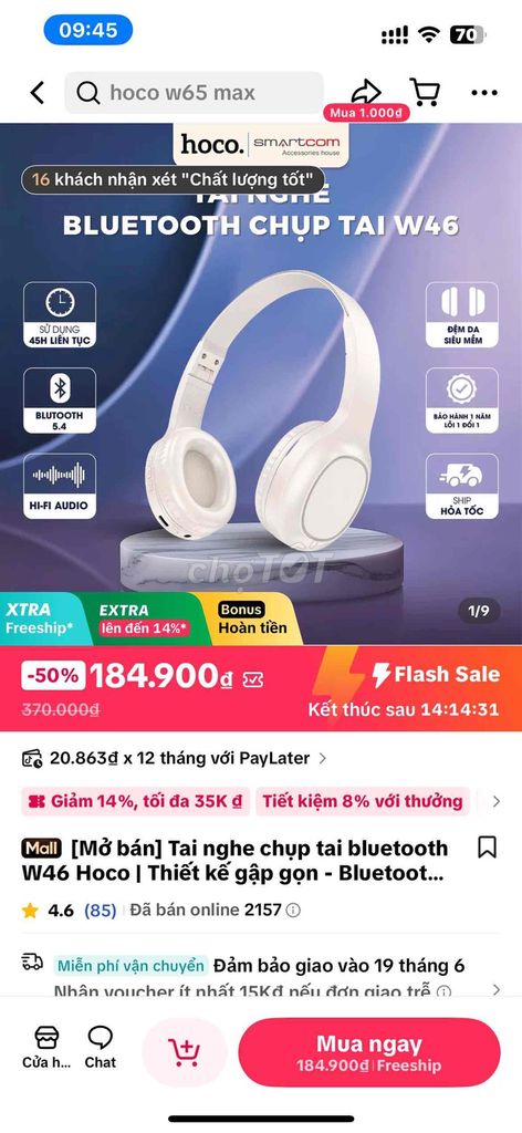 Tai nghe Bluetooth Hoco W46 Trắng. Mua bán Tivi, Âm thanh tại Quận Gò Vấp Tp Hồ Chí Minh được đăng bởi Huy Nguyễn hình 1