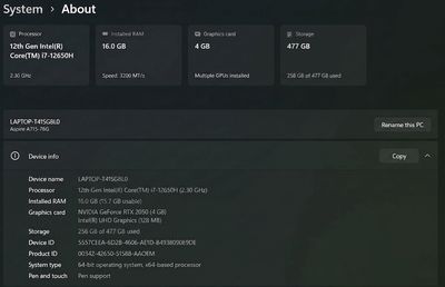 Acer Aspire 7 A715-76G i7-12650H 16GB/512GB 