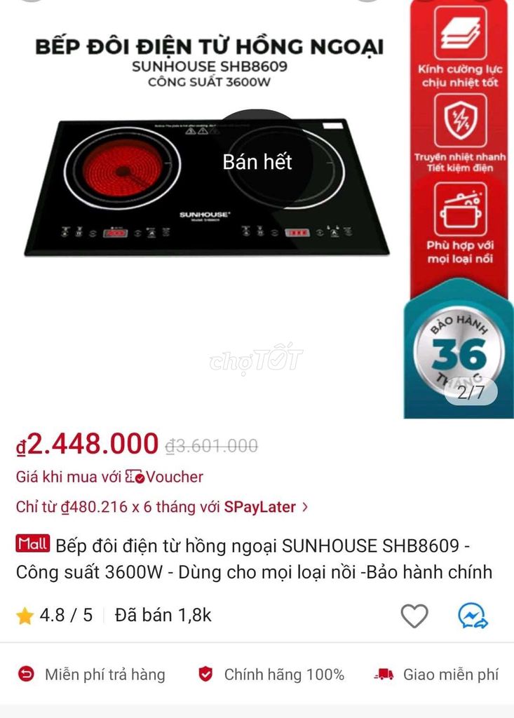 Bếp điện từ SUNHOUSE SHB8609 Đen. Mua bán Bếp, lò, đồ điện nhà bếp tại Quận 7 Tp Hồ Chí Minh được đăng bởi Mai9x hình 1