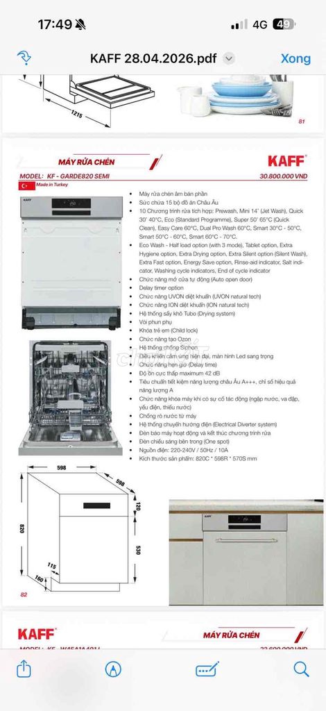 KAFF KF-GARDE820 SEMI 15 bộ Thổ Nhĩ Kỳ. Mua bán Bếp, lò, đồ điện nhà bếp tại Quận Thanh Khê Đà Nẵng được đăng bởi Nội Thất Gia Bảo ĐBP hình 1