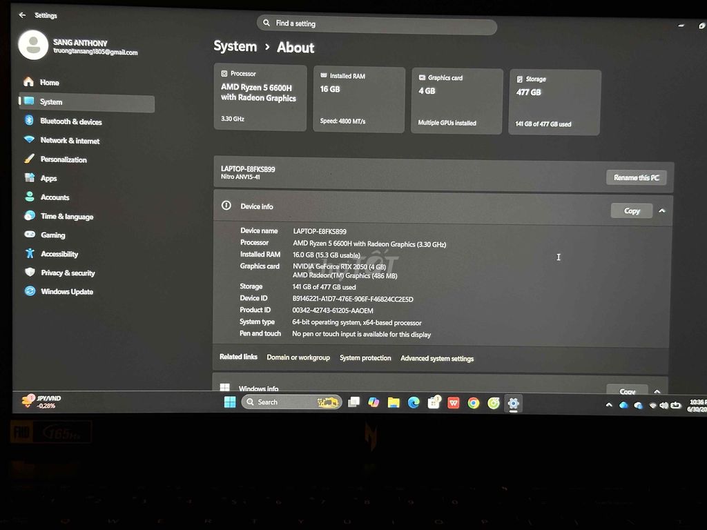 Acer Nitro V 15 ANV15 41 Ryzen5 6600H 16GB/512GB. Mua bán Laptop tại Quận Bình Thạnh Tp Hồ Chí Minh được đăng bởi Trương Tấn Sang hình 1