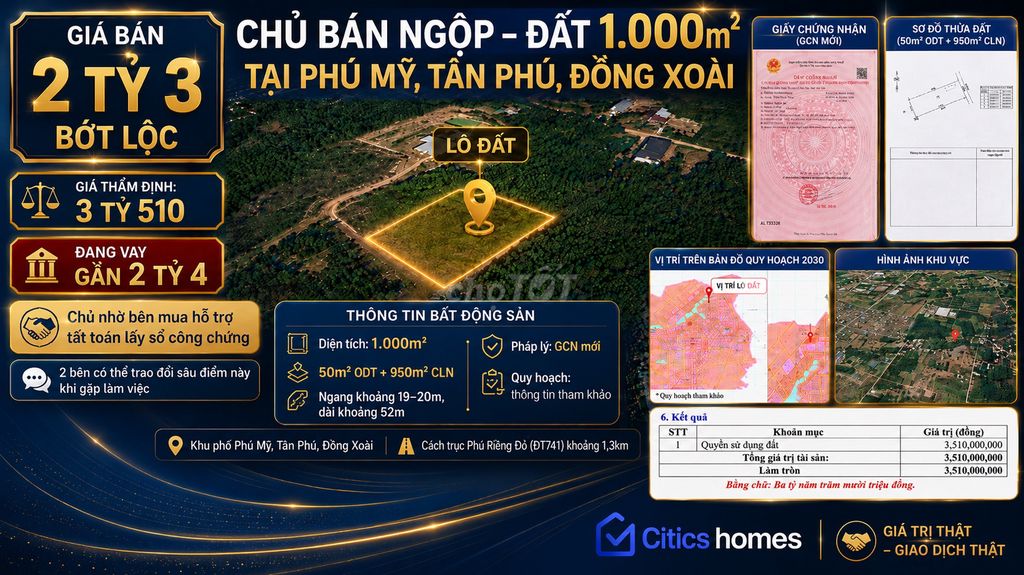 Bán đất 1.000m² Tân Phú Đồng Xoài, 50m² ODT, giá 2,3 tỷ
