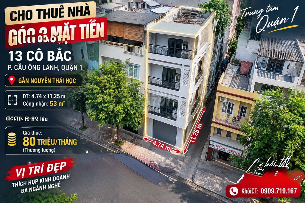 Cho thuê nhà mặt phố góc 2 mặt tiền Cô Bắc, Q.1, 53m2, 80tr/tháng