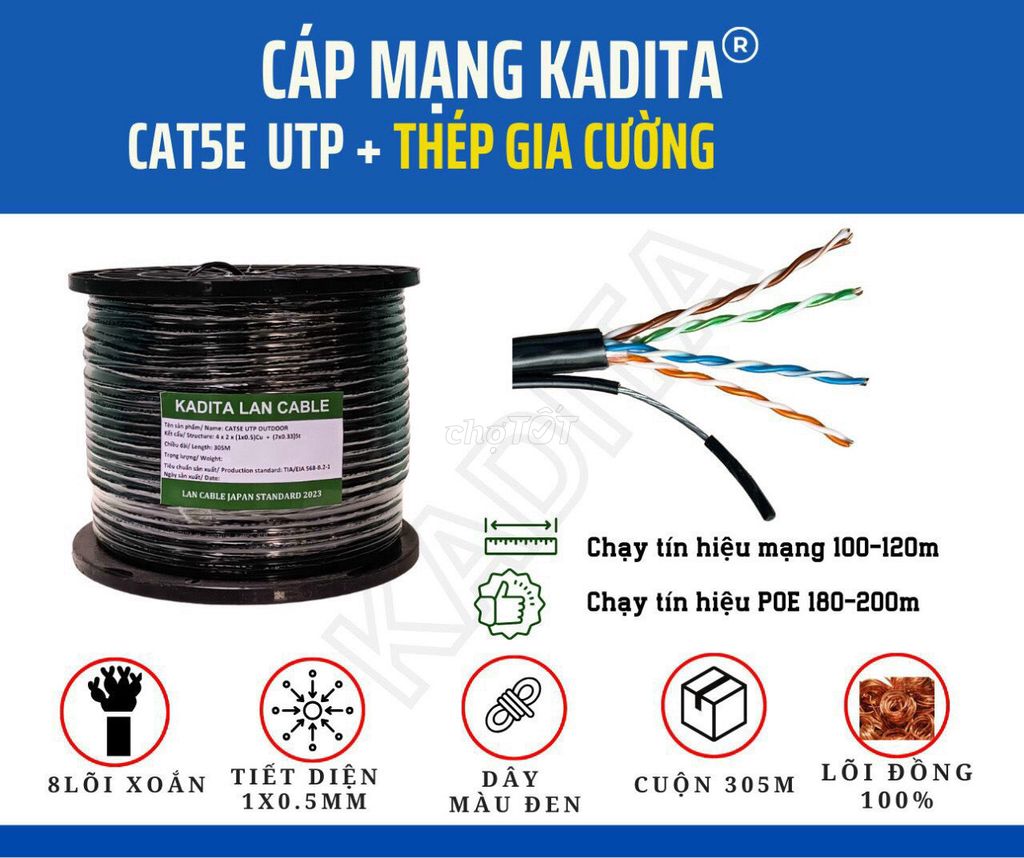 Cáp lan ngoài trời Cat5E Kadita bấm đầu lõi đồng