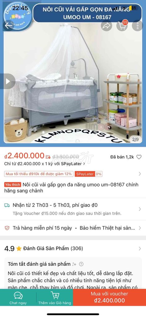 Nôi gấp gọn Umoo mới 99%