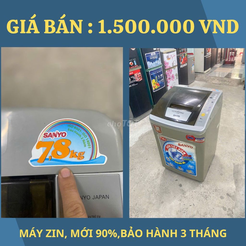 BẢO HÀNH 3 THÁNG= SANYO 7,8KG= CÒN MỚI 90%= 1,5 TR