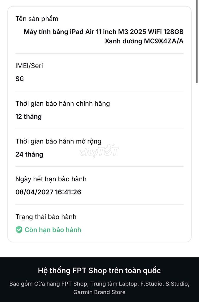 iPad Air 11 inch M3 128GB Wifi - BH FPT 04/2027. Mua bán Máy tính bảng tại Thành phố Thủ Đức Tp Hồ Chí Minh được đăng bởi ChungStore hình 3