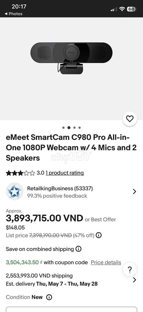 Webcam eMeet SmartCam C980 Pro Mới. Mua bán Phụ kiện (Màn hình, Chuột...) tại Quận Tân Phú Tp Hồ Chí Minh được đăng bởi Tâm Đặng hình 1