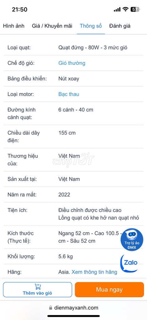 Thanh lý 2 Quạt đứng Asia 6 cánh VY639990 80W