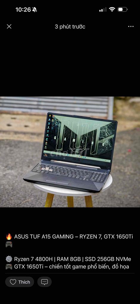 Asus TUF A15 Gaming Ryzen 7 15.6 inch 8GB/256GB. Mua bán Laptop tại Thành phố Biên Hòa Đồng Nai được đăng bởi TRƯƠNG HUY HOÀNG hình 1