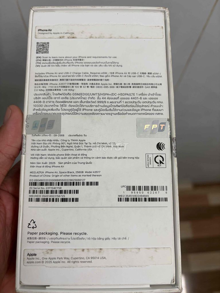 Apple iPhone Air 256GB Đen củq FBT shop. Mua bán Điện thoại tại Quận Bình Tân Tp Hồ Chí Minh được đăng bởi A vinh hình 1