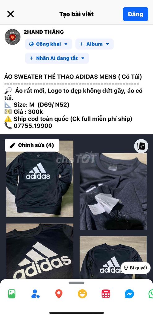 ÁO SWEATER THỂ THAO ADIDAS MENS ( Có Túi)