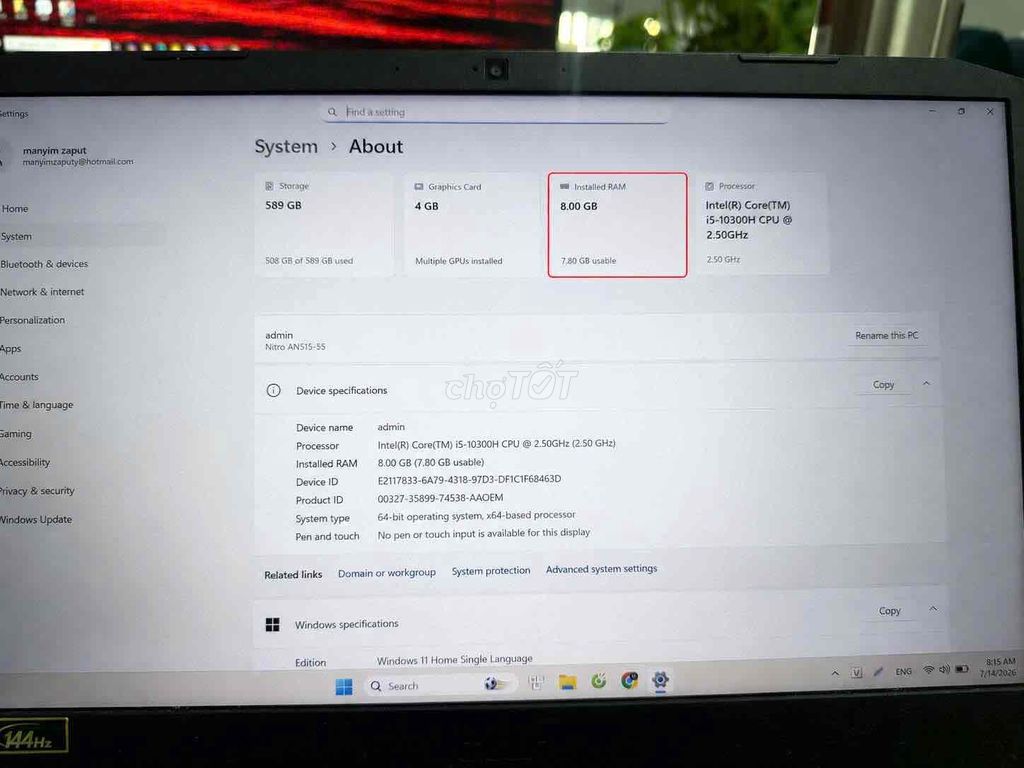 Acer Nitro AN515-55 i5-10300H 8GB/589GB Đen. Mua bán Laptop tại Huyện Kiến Thuỵ Hải Phòng được đăng bởi Nguyễn Thành Nam hình 1