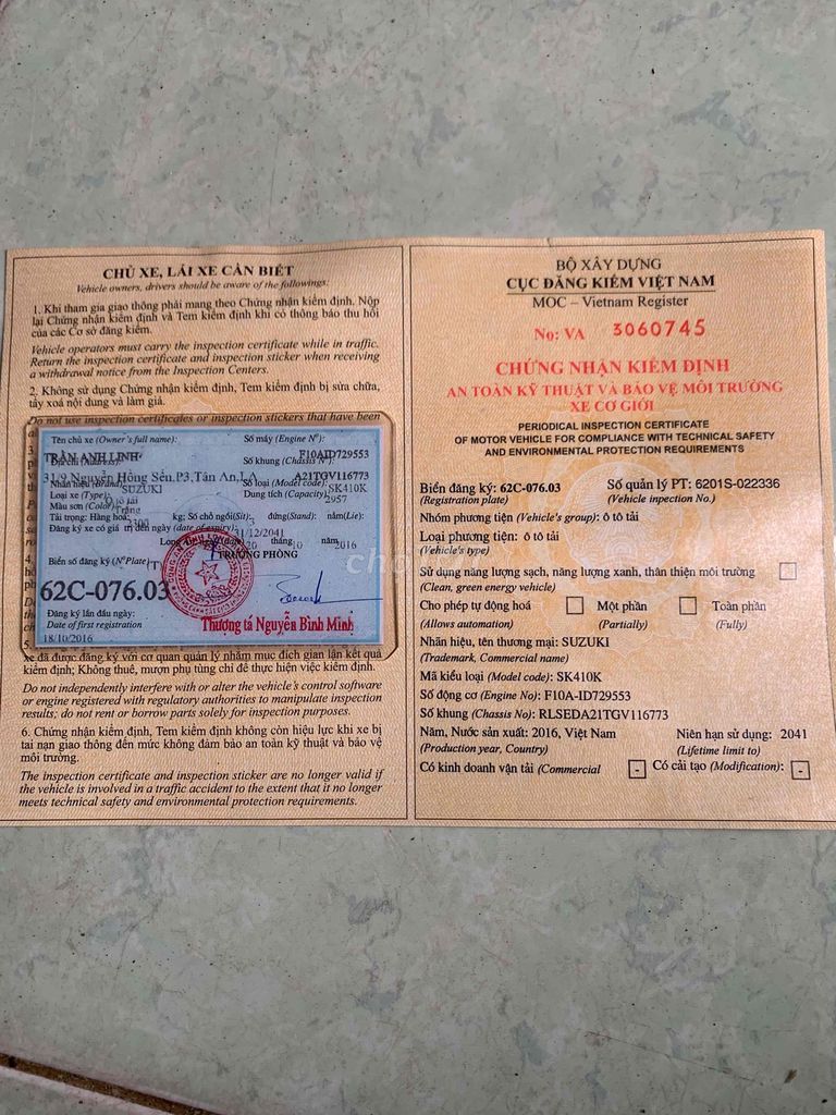 suzuki cary 645 kg/2016 kiềm 05/2026. Mua bán Xe tải, xe ben tại Huyện Châu Thành Bến Tre được đăng bởi nguyen van trung hình 6