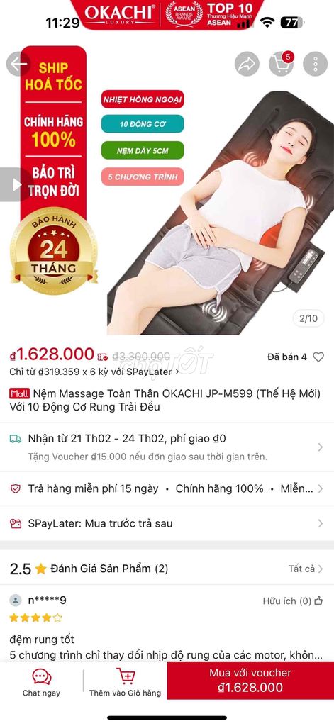 Nệm Massage Toàn Thân OKACHI JP-M599 (Thế Hệ Mới)