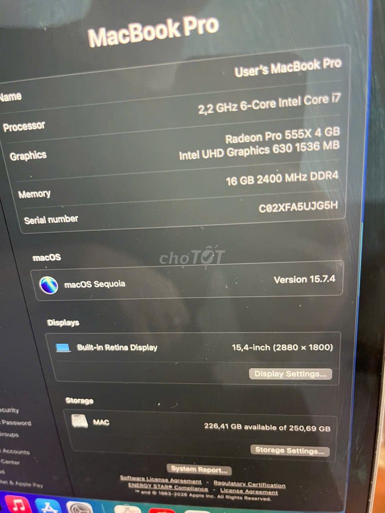 MacBook Pro 2018 i7 15 inch 16GB/256GB. Mua bán Laptop tại Quận Gò Vấp Tp Hồ Chí Minh được đăng bởi Trinh hình 1