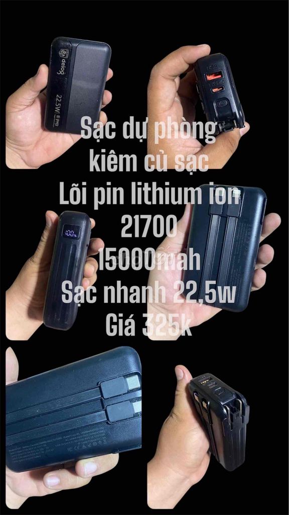 Sạc dự phòng tích hợp củ sạc nhanh và dây,15000mah