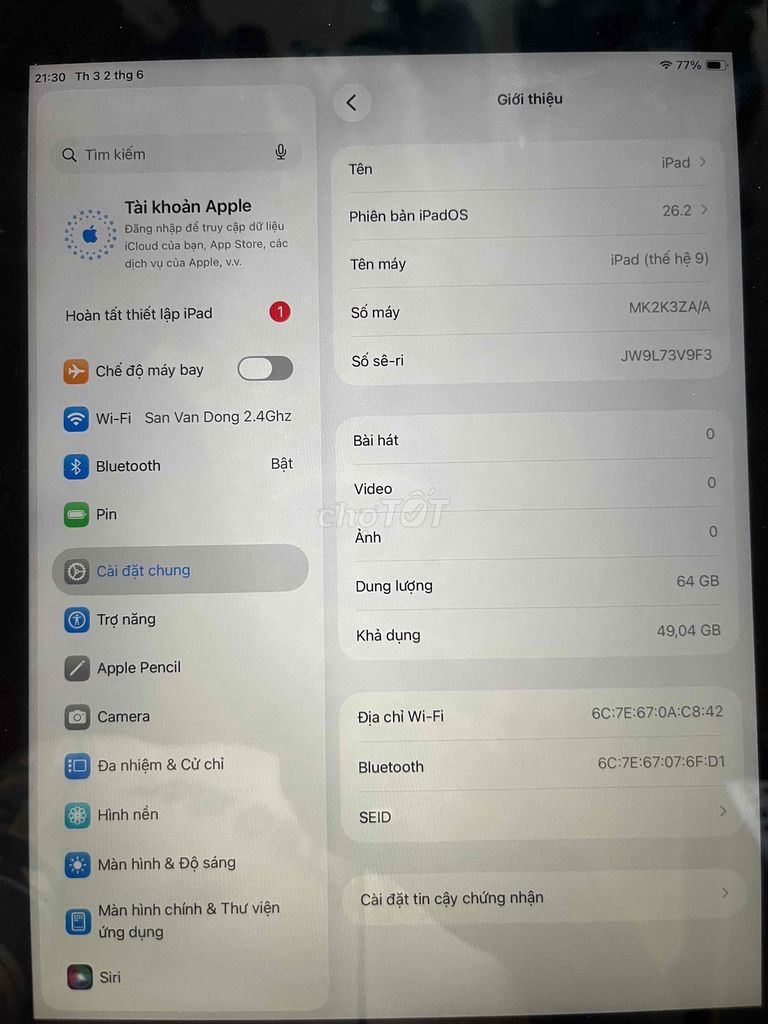 Apple iPad Gen 9 64GB Xám Đã sử dụng. Mua bán Máy tính bảng tại Quận Hoàn Kiếm Hà Nội được đăng bởi Trung hoàng hình 1