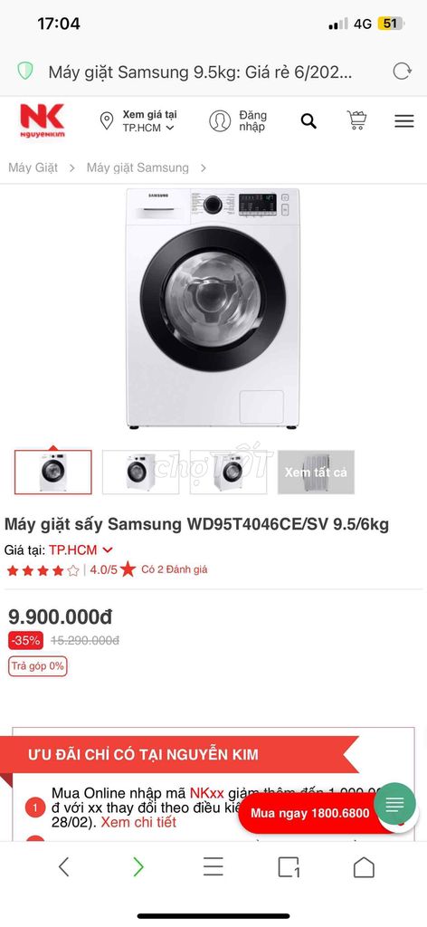 máy giặt samsung giặt 9kg sấy 6kg