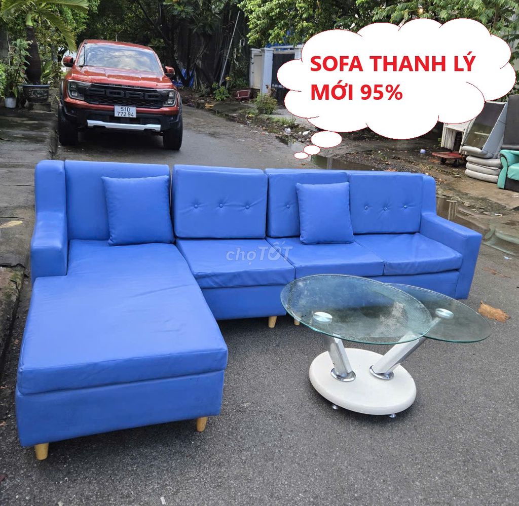 Bộ ghế sofa nệm bọc vải màu xanh, sofa vải chữ L