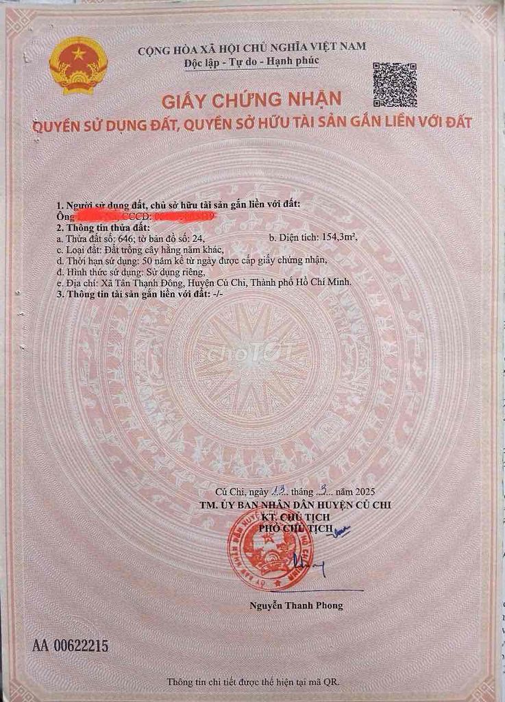 Cần bán đất có thổ cư tại đường 120, xã Tân Thạnh Đông, Củ Chi