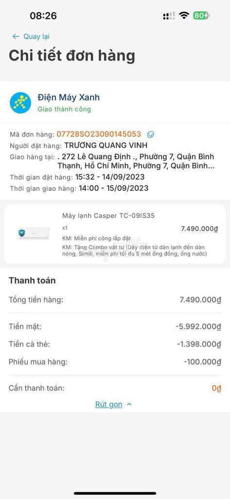 Máy lạnh casper TC 1hp hành DMX Còn bảo hành