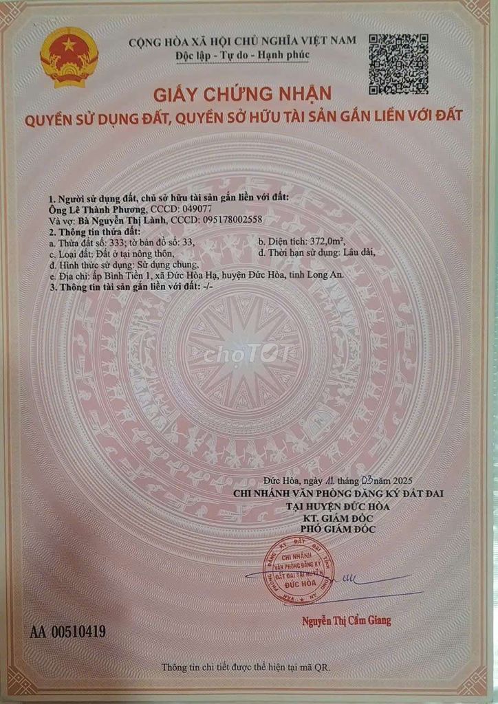 Đất thổ cư Long An sổ chính chủ 11x60m(tổng 660 m2) mặt tiền đường 12m