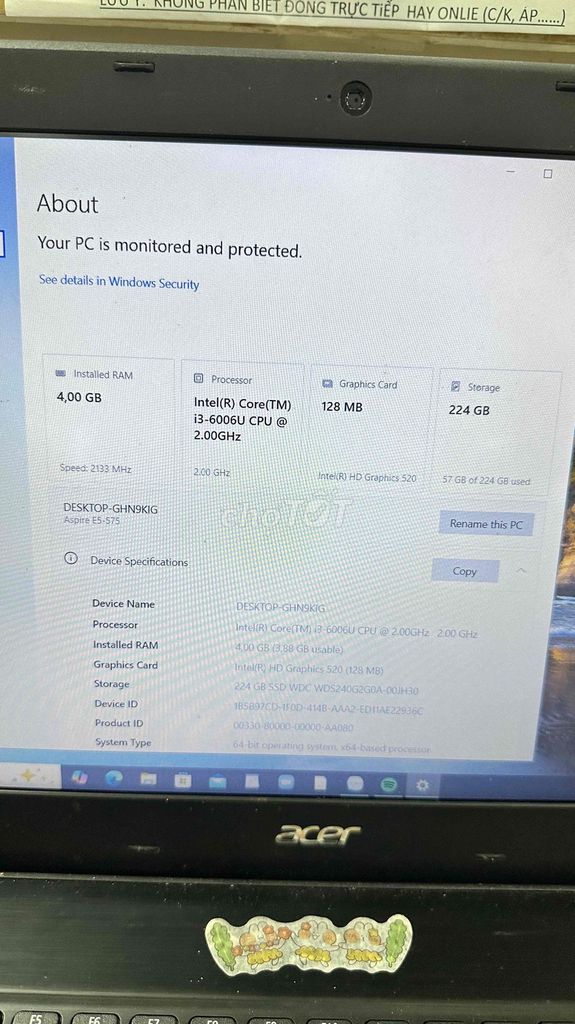 Laptop Acer Aspire E5-575 i3 4GB/224GB. Mua bán Laptop tại Quận Bình Thạnh Tp Hồ Chí Minh được đăng bởi minh anh hình 1