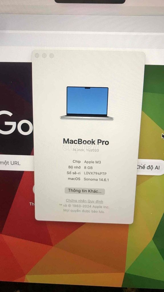 Apple MacBook Pro M3 14inch 8Ggb 518GB. Mua bán Laptop tại Quận Sơn Trà Đà Nẵng được đăng bởi Hang hình 1