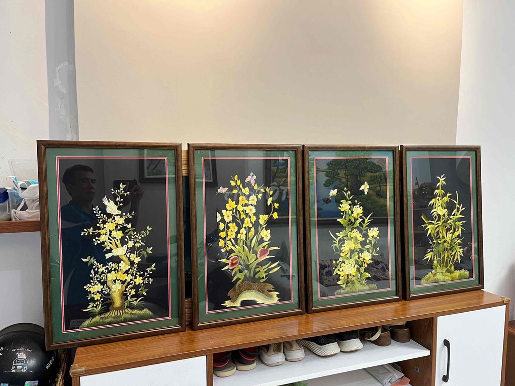 Tranh thêu Mai Lan Cúc Trúc Khung gỗ 45x65