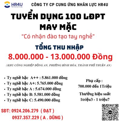 Tuyển Dụng 100 Cn May Có Tay NGHề Tại  KCN Đồng An