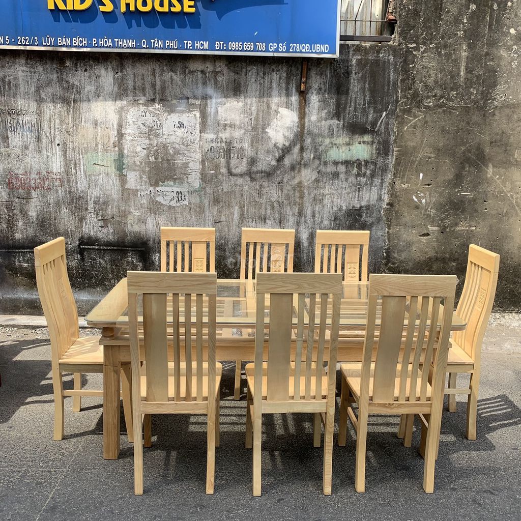 Bộ bàn ăn gỗ sồi 8 ghế$bàn ăn gỗ mặt kính 8 ghế gỗ
