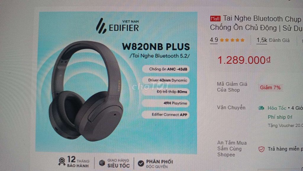 Tai nghe Edifier W820NB PLUS Xám Đã dùng. Mua bán Tivi, Âm thanh tại Quận Bình Thạnh Tp Hồ Chí Minh được đăng bởi Từ Diễm Trinh hình 1
