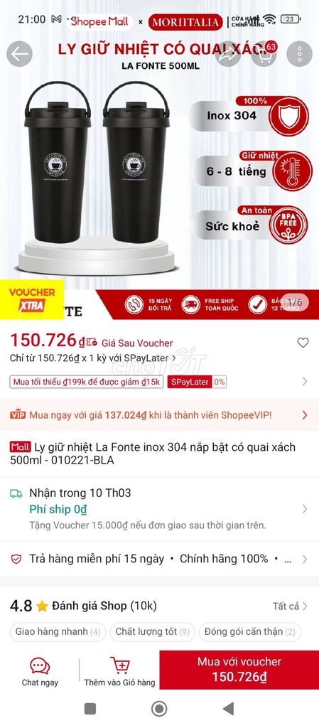 Ly giữ nhiệt La Fonte 500ml Đen. Mua bán Dụng cụ nhà bếp tại Quận 3 Tp Hồ Chí Minh được đăng bởi Trầm hình 1
