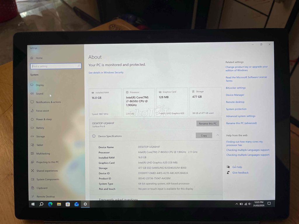 Surface pro 6 i7 ram 16gb ssd 512gb. Mua bán Laptop tại Quận 4 Tp Hồ Chí Minh được đăng bởi Robert hình 1